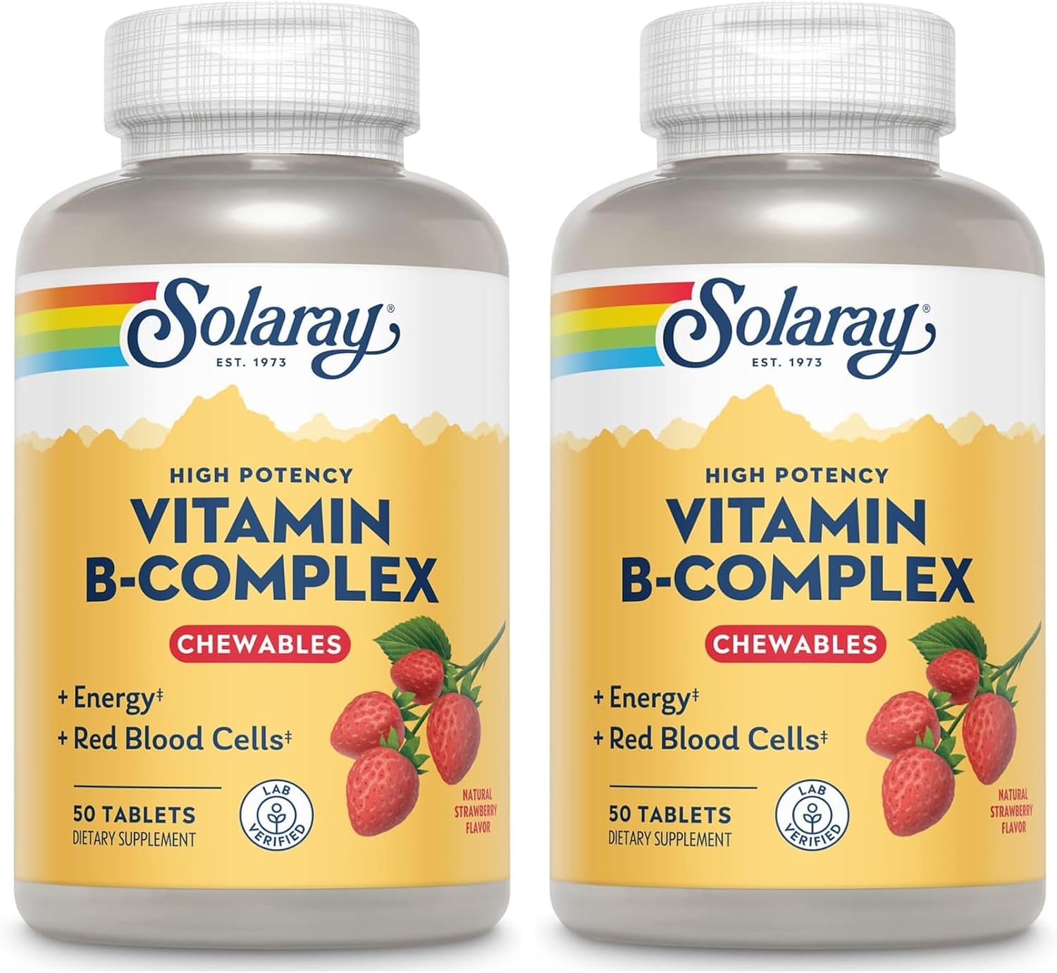 SOLARAY Vitamin B-Complex Chewables – Strawberry Flavour – Energy & Stress Support – 50 Tablets