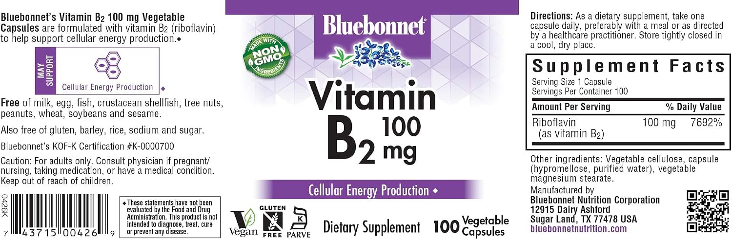 Bluebonnet Nutrition Vitamin B2 100 mg - Riboflavin Supplement for Energy Metabolism & Nervous System Function, Non-GMO, Vegan, 100 Veg Caps