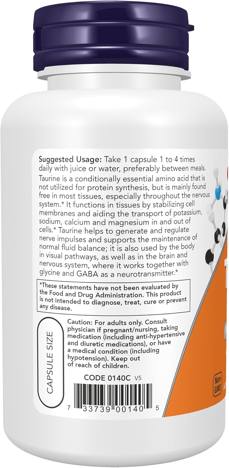 NOW Supplements, Taurine 500 mg, Nervous System Health, Amino Acid, 100 Veg Capsules