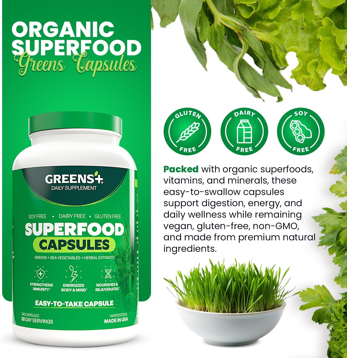 Greens+ Organic Superfood Capsules – 240 Capsules
