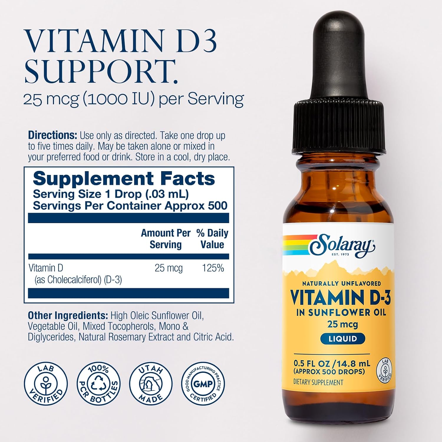 SOLARAY Vitamin D3 Liquid Drops - 25 mcg (1000 IU) - Enhanced Absorption, Naturally Unflavoured, 500 Servings, 15 mL