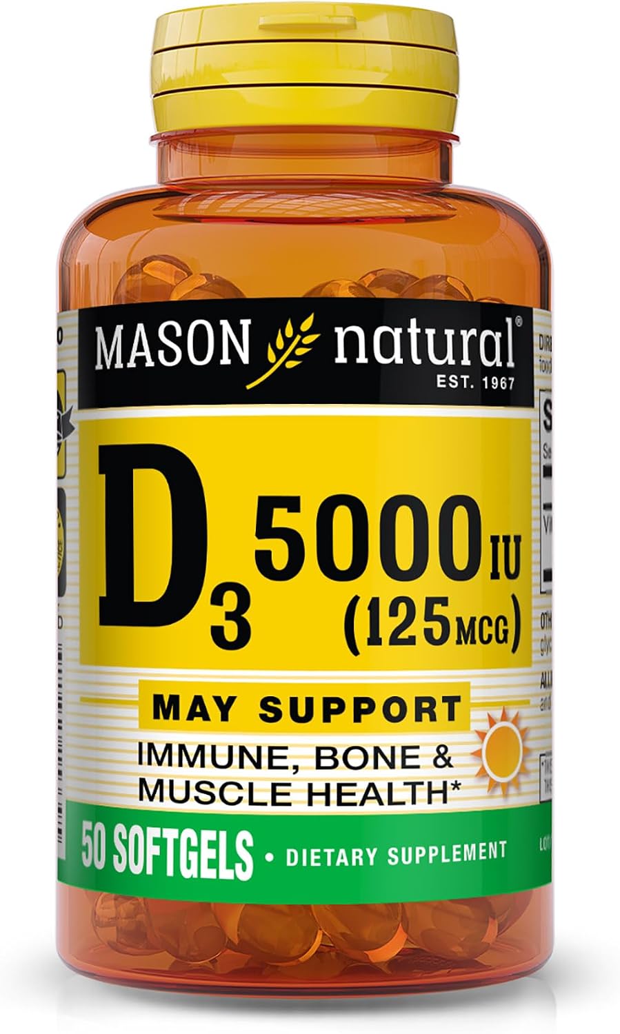 MASON NATURAL Vitamin D3 125 mcg (5000 IU) Softgels, 50 Count (Pack of 3)