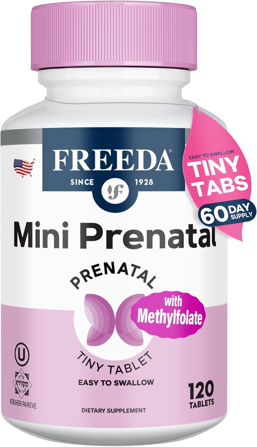 FREEDA Mini Prenatal Vitamin - Tiny Easy-to-Swallow Prenatal Multivitamin with Iron, Folic Acid, Vitamin D - Kosher, Vegan, 120 Tablets