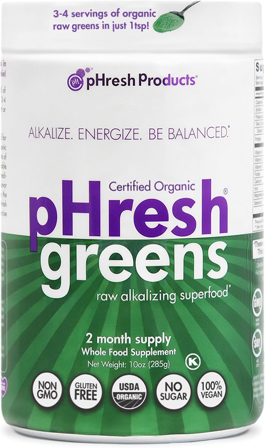 pHresh Greens Raw Alkalising Superfood Greens Powder - 2 Month Supply - Vegan, Kosher, Gluten Free