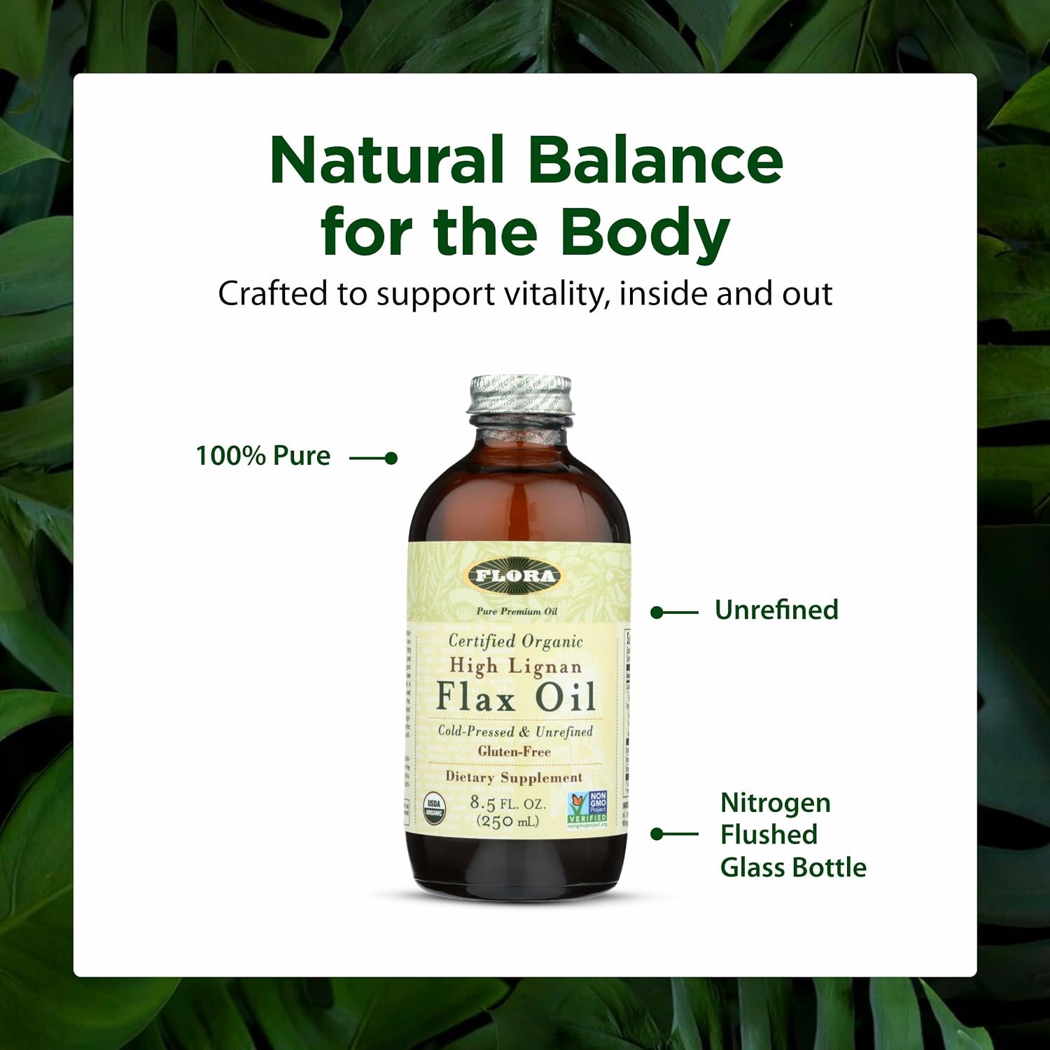 Flora High Lignan Flax Oil - Organic Omega-3, 6, 9 with Lignans - Cold-Pressed, Non-GMO, Gluten-Free - 250 mL