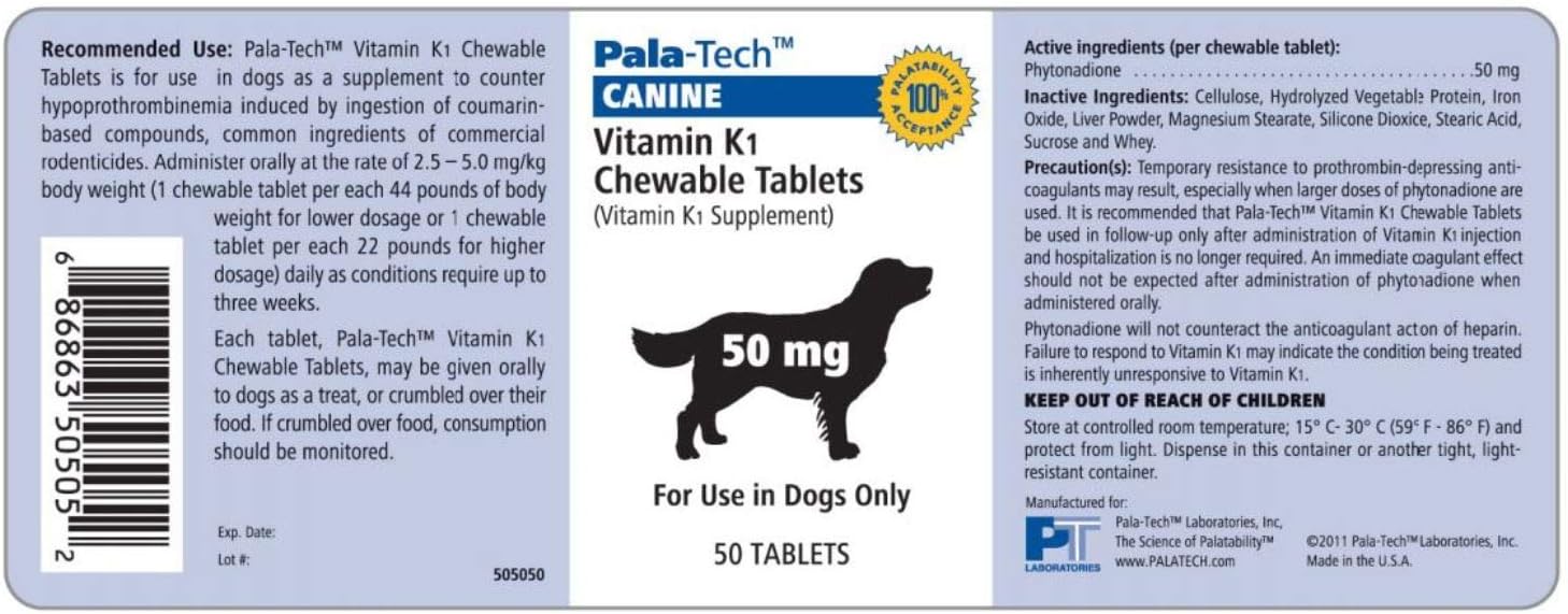 Pala-Tech Vitamin K1 Chewable Tablets for Dogs – Counteracts Hypoprothrombinemia – 50 mg, 50 Tablets