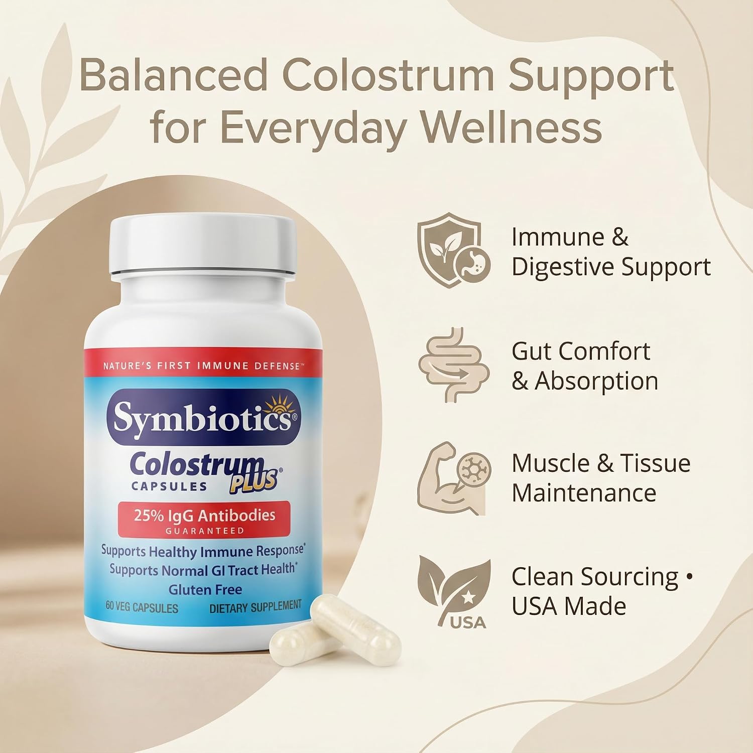 Symbiotics Colostrum Vegetable Capsules – Immune & Gut Support with Lactoferrin and Naturally Occurring IgG – 60 Vegetable Capsules – Natural Health Product