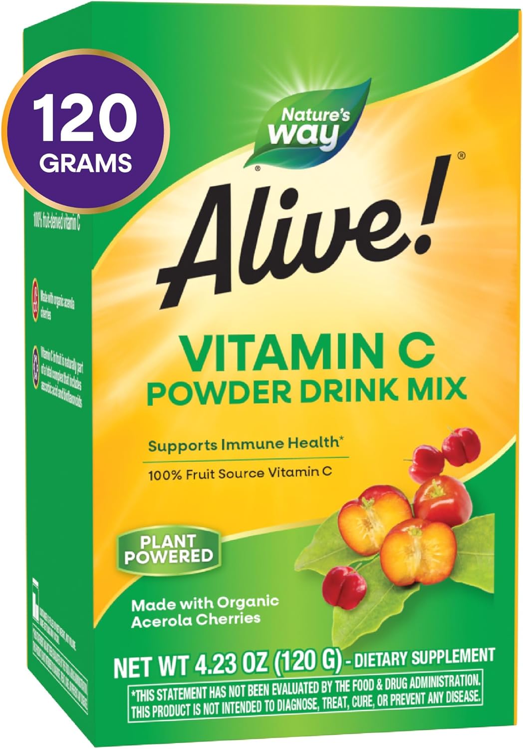 Nature's Way Alive! Vitamin C Powder Drink Mix - Organic Acerola Cherry - Immune Support - 120 g