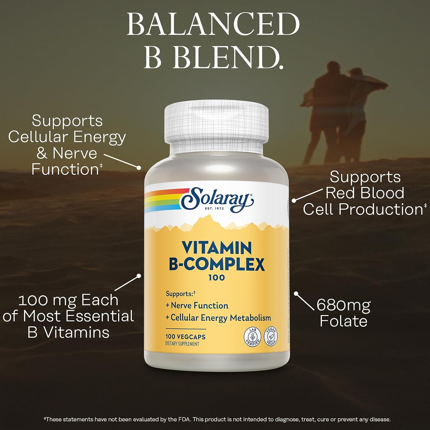 SOLARAY Vitamin B Complex 100mg – All 8 B Vitamins for Energy, Nerve and Heart Health (100 Vegan Capsules)