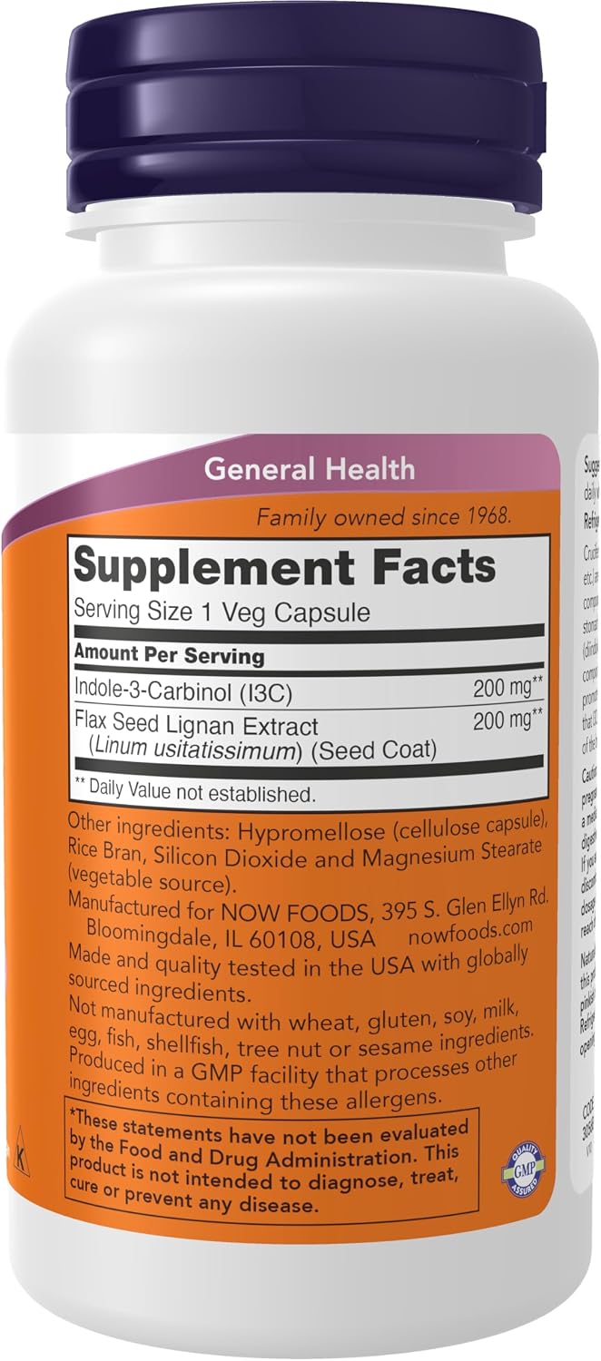 NOW Foods Indole-3-Carbinol 200 mg with Flax Lignan Extract, 60 Veg Capsules