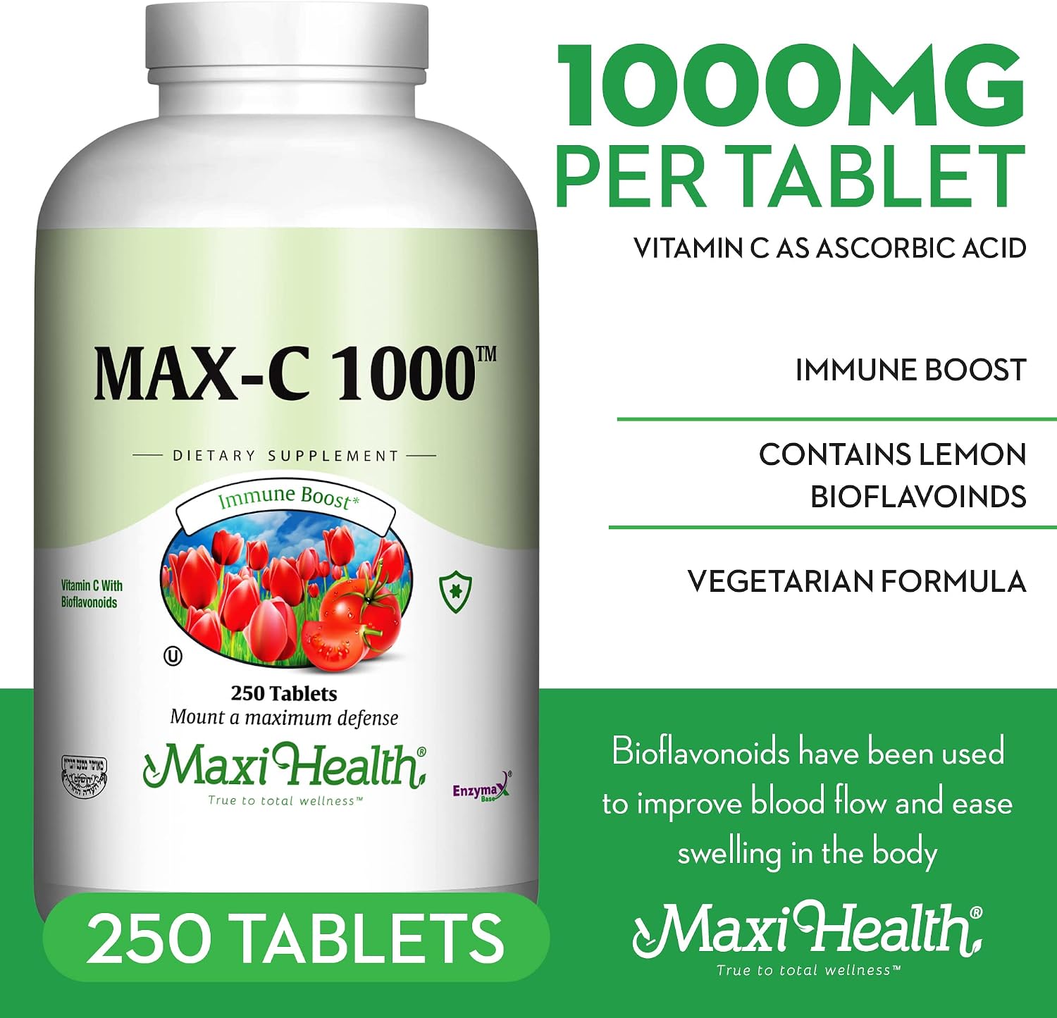 Maxi Health Vitamin C 1000 mg - Enhanced with Lemon Bioflavonoids & Enzymax - 250 Tablets