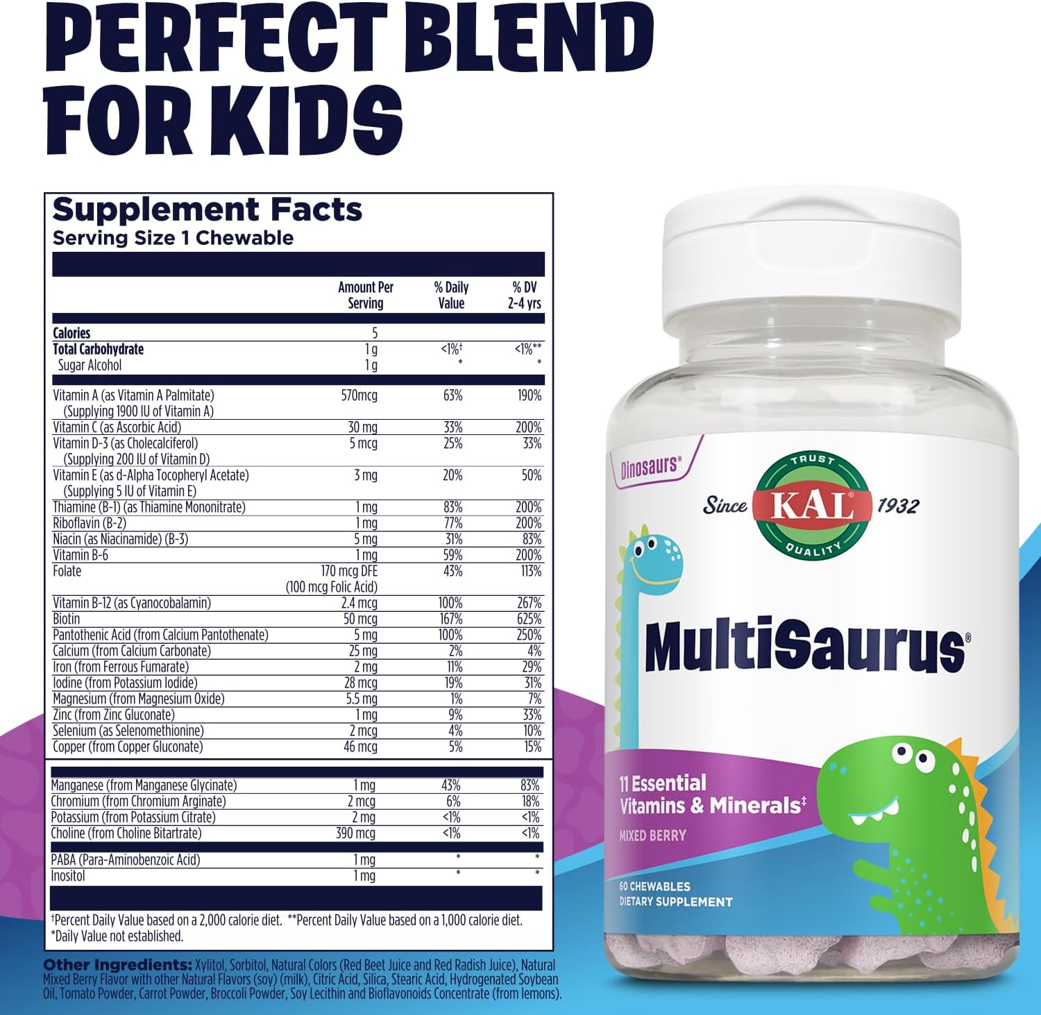 KAL MultiSaurus Kids Chewable Multivitamins – 11 Essential Vitamins & Minerals, Dinosaur-Shaped, Mixed Berry Flavour, 60 Chewables
