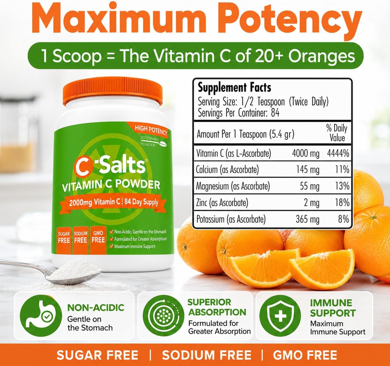 C-Salts Buffered Vitamin C Powder - Organic, Stomach Friendly, 4000 mg (84 Servings)