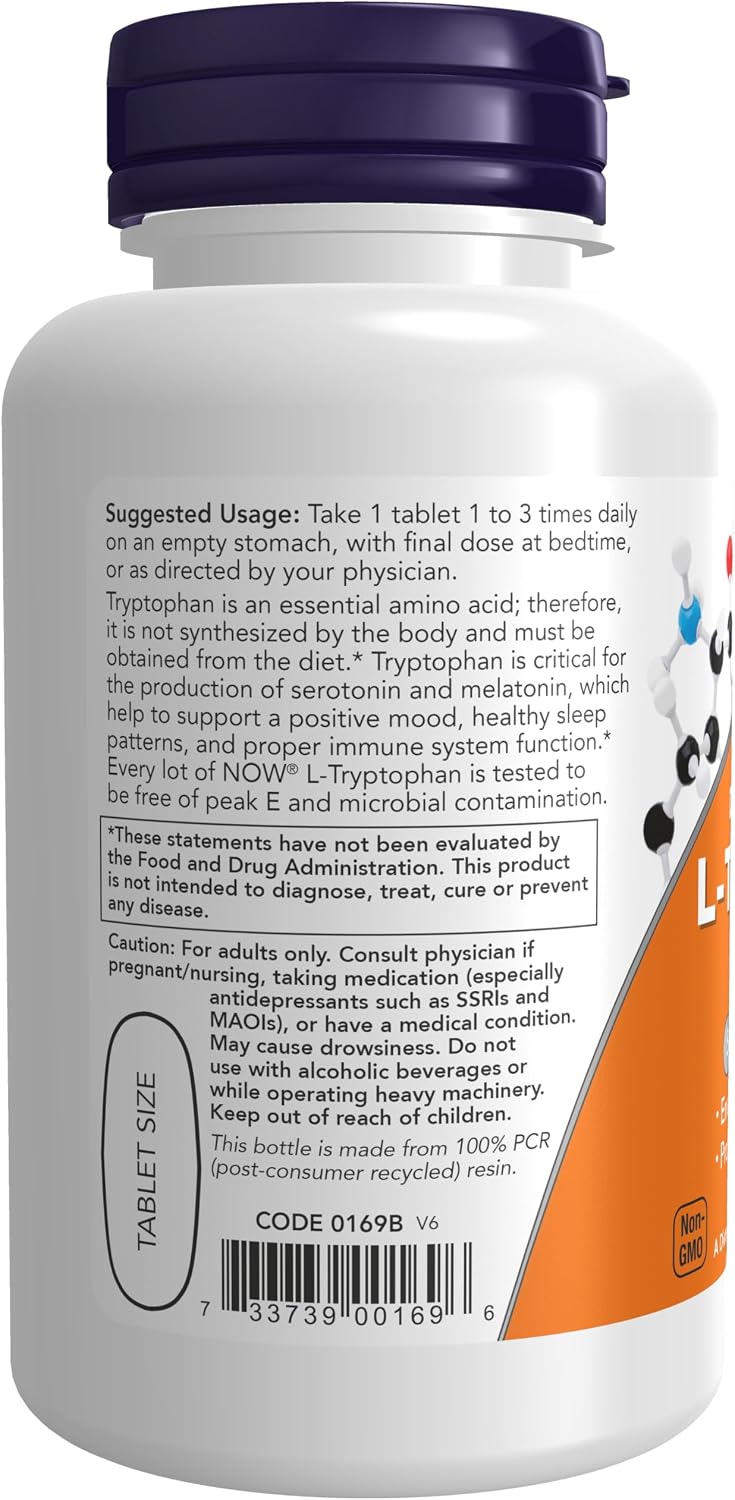 NOW Foods L-Tryptophan 1,000 mg (Double Strength), 60 Tablets