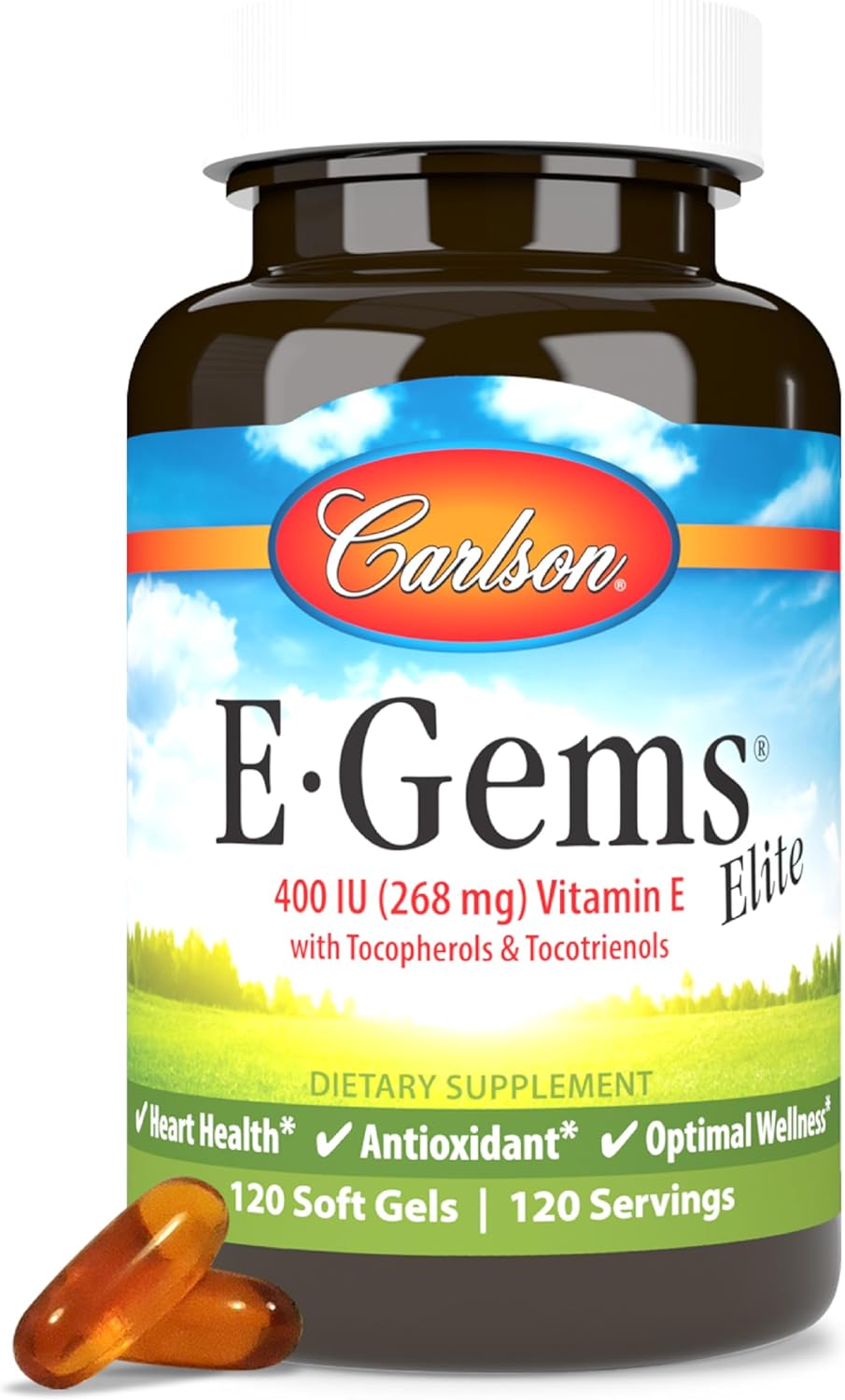 Carlson E-Gems - 400 IU (268 mg) Vitamin E Softgels - Natural d-Alpha-Tocopherol for Heart Health & Antioxidant Support