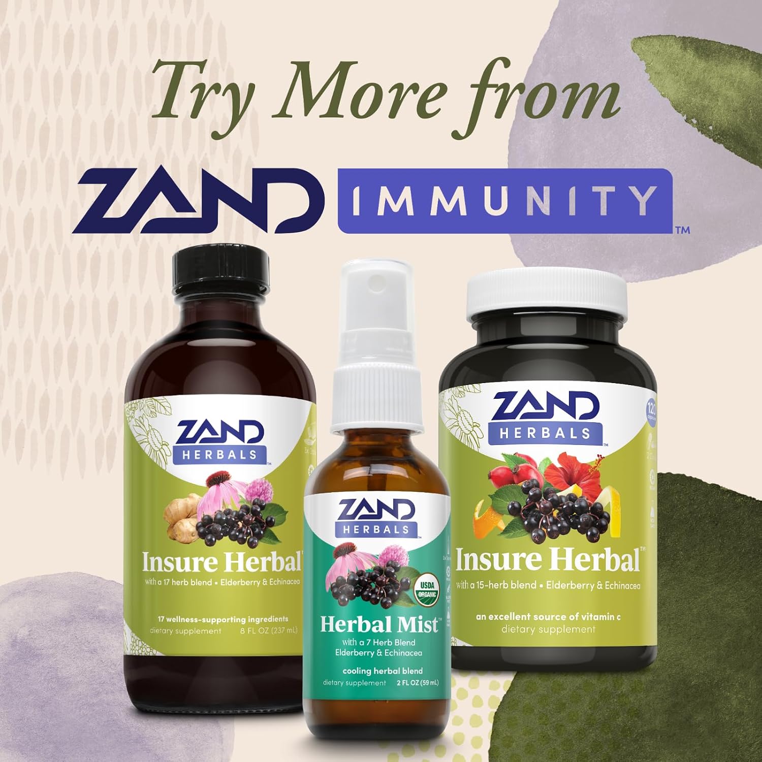Zand Insure Herbal Immune Support - Vitamin C, Zinc, Echinacea, Elderberry & Ginger - 120 Vegetarian Capsules