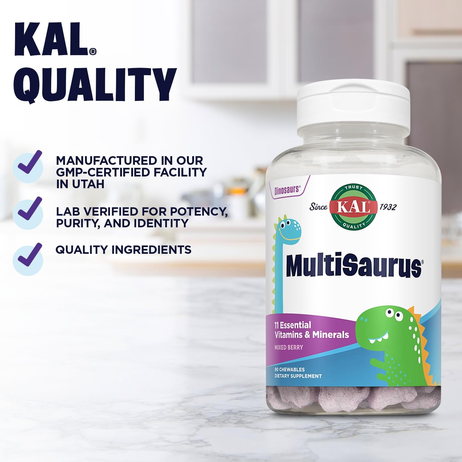 KAL MultiSaurus Kids Complete Multivitamin - Daily Multivitamin with Iron, Mixed Berry Flavour, 90 Chewables