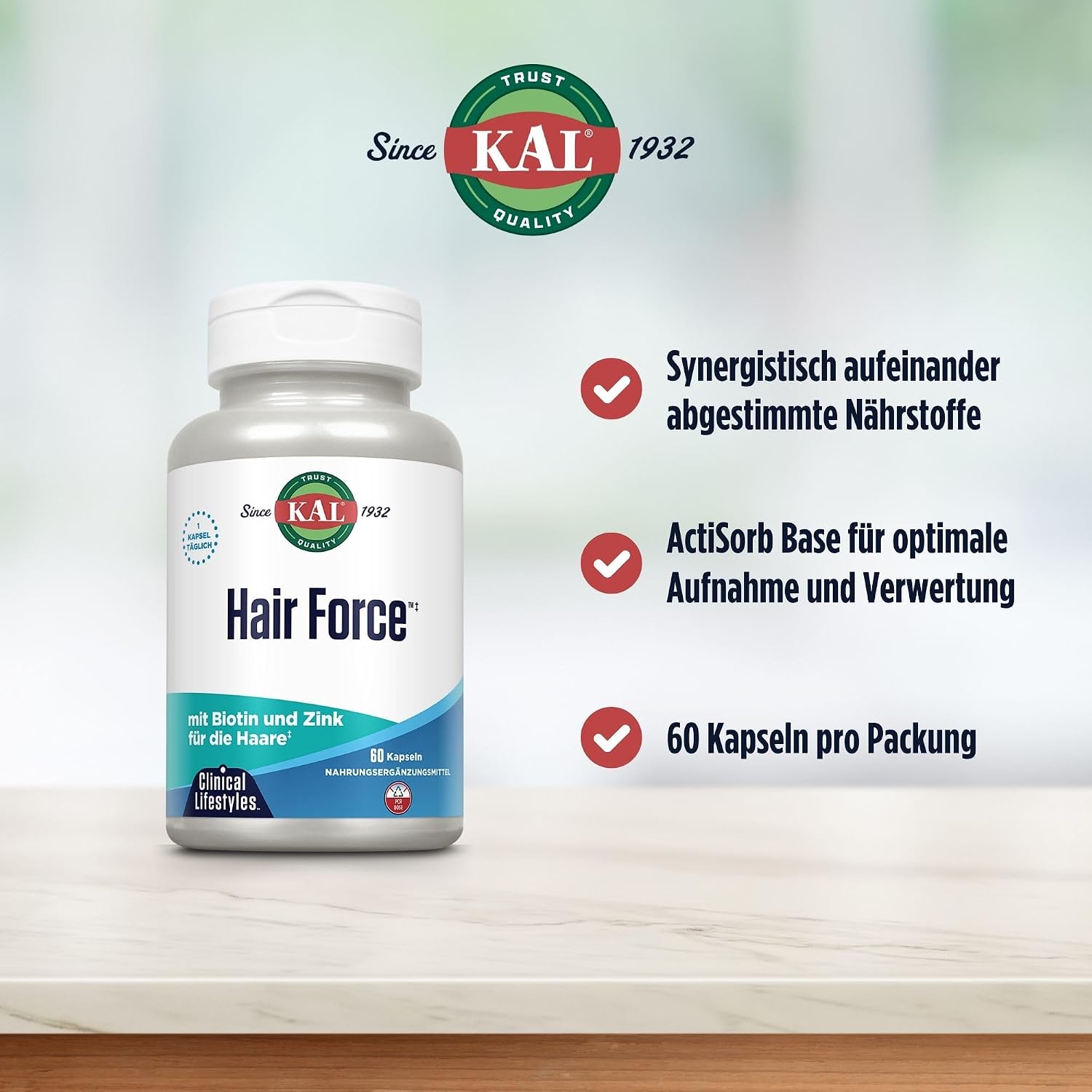 Kal Hair Force Capsules – High Potency Biotin & MSM, 60 Count