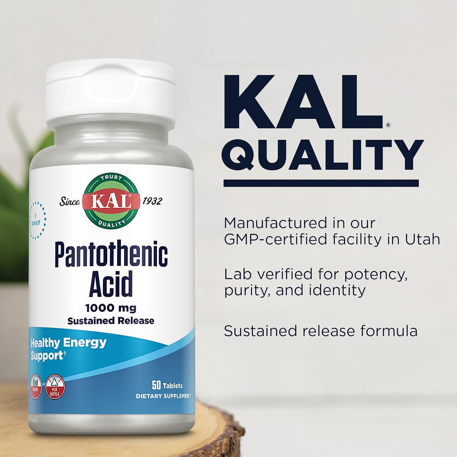 KAL Pantothenic Acid 1000 mg – Sustained Release Vitamin B5 (Vegan, 50 Tablets)