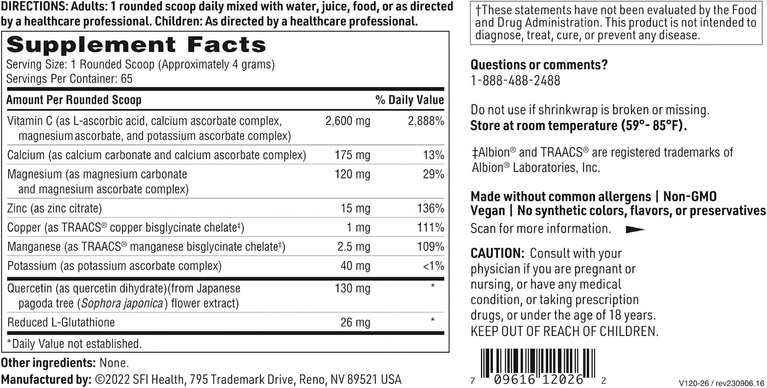 Klaire Labs Multi-Element Buffered C Powder with Quercetin & L-Glutathione - 260 g (65 Servings)