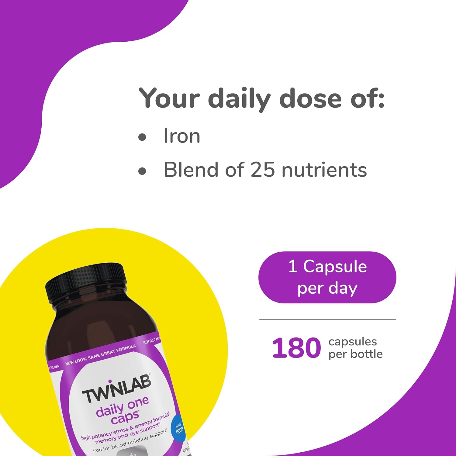 Twinlab Daily One Caps with Iron - Multivitamin and Mineral Supplement with 25+ Nutrients, 180 Capsules