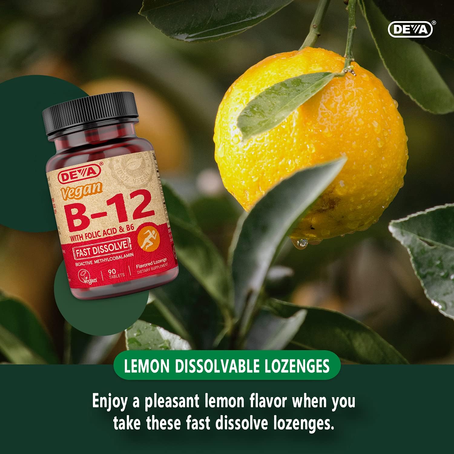 DEVA Vegan Vitamin B12 Fast-Dissolve – Methylcobalamin 1000 mcg with B6 and Folic Acid – Lemon Flavour – 90 Tablets