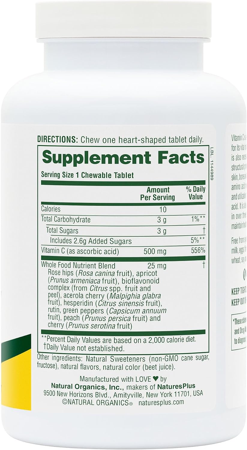 NaturesPlus Lovites Chewable Vitamin C - 500mg, Natural Fruit Flavour, 90 Heart-Shaped Tablets