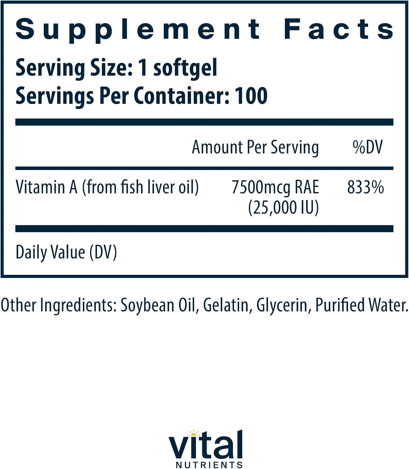 Vital Nutrients Vitamin A 7500 mcg RAE – Vitamin A for Immune Function, Vision, and Skin Health – 100 Capsules