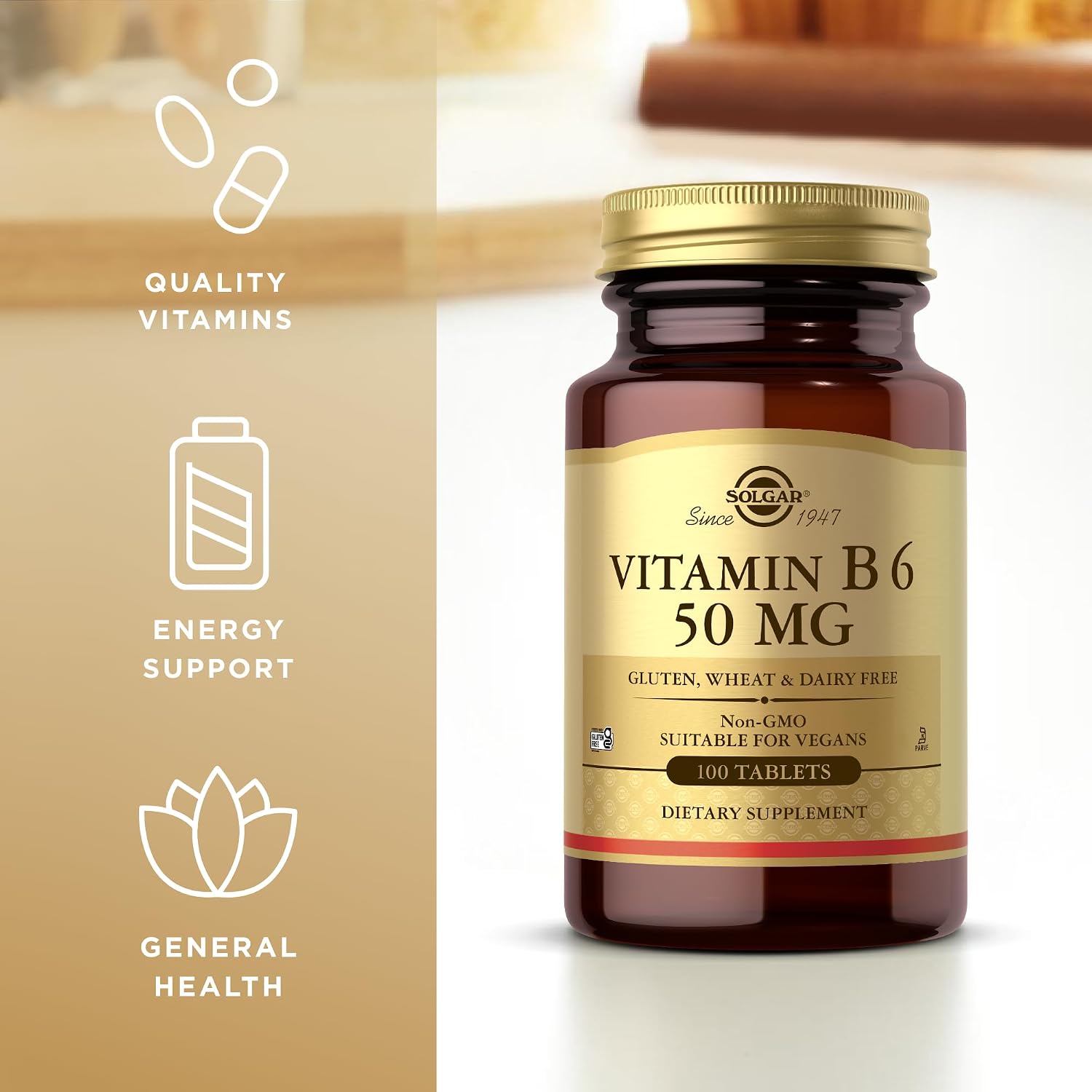 Solgar Vitamin B6 50 mg - 100 Tablets - Non-GMO, Vegan, Gluten-Free, Dairy-Free, Kosher, Halal