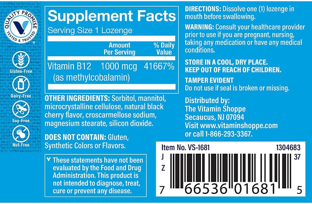 Vitamin B12 Methylcobalamin 1000mcg Lozenges - Black Cherry Flavour - 60 Count