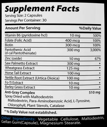 Anti-Gray Advanced Hair Formula - Hair Colour Support Supplement with Catalase, Amino Acids & Minerals - 60 Capsules