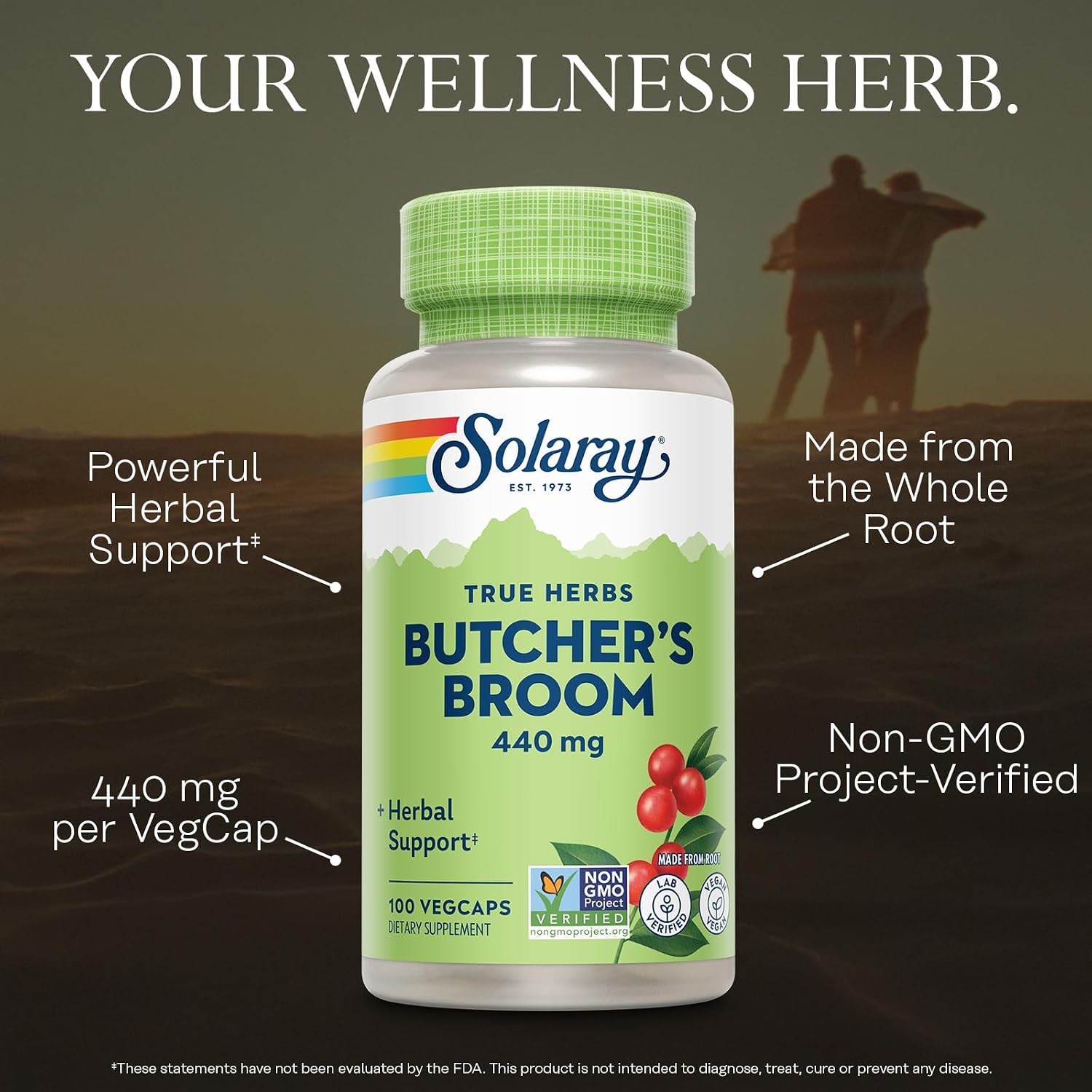 SOLARAY True Herbs Butcher's Broom 440mg – Non-GMO, Vegan, Gluten Free, 100 VegCaps