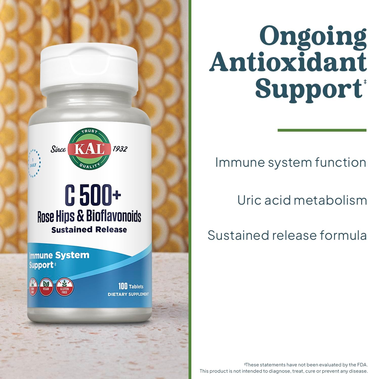 KAL C 500+ Sustained Release Tablets - Vitamin C with Rose Hips and Bioflavonoids - 100 Tablets