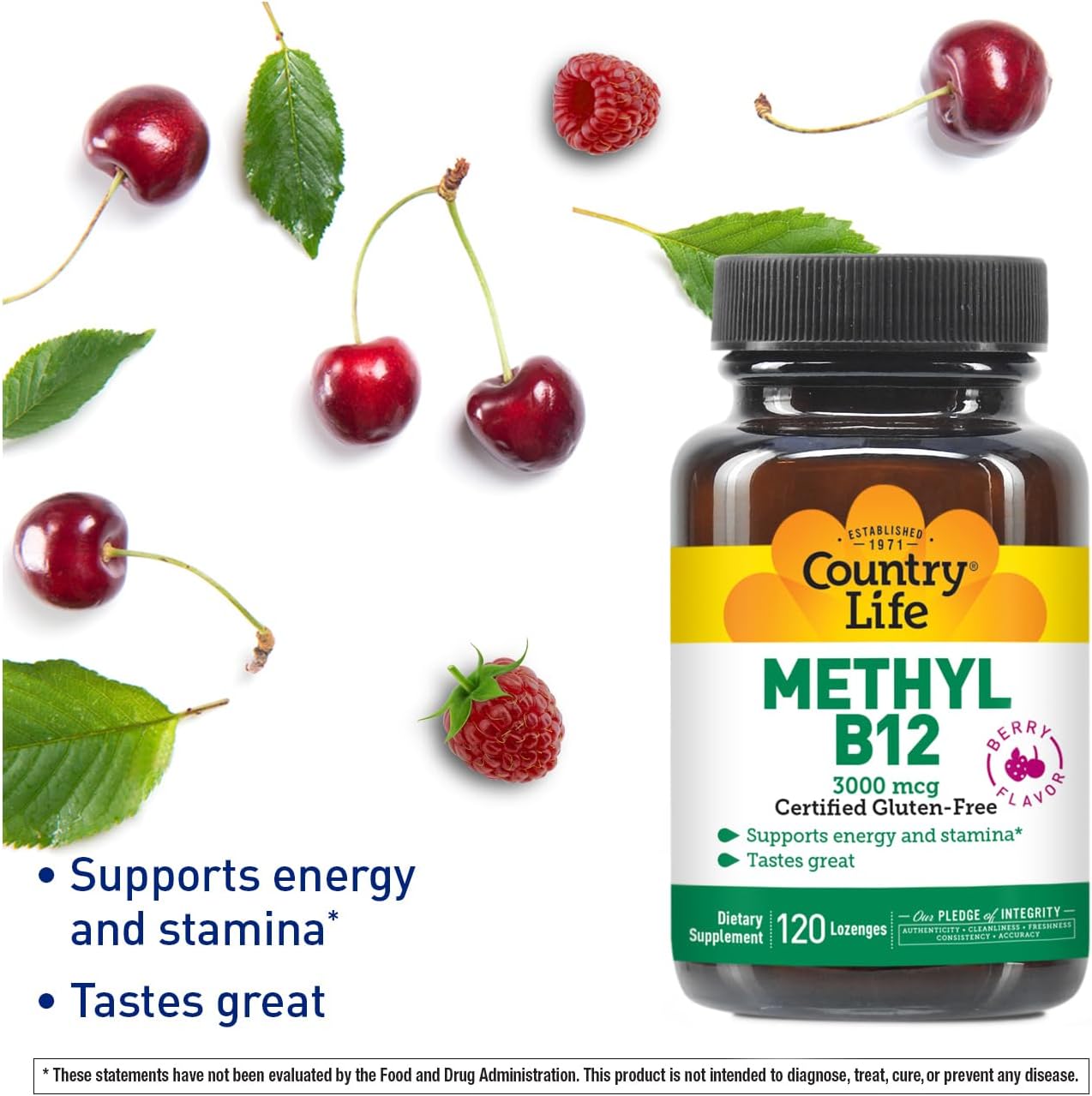 Country Life Methyl B12, 3000 mcg Lozenges - Berry Flavour, 120 Vegan Lozenges