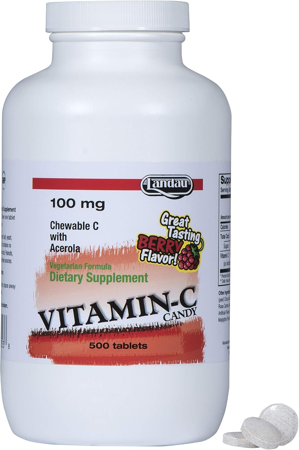 LANDAU Vitamin C Chewable 100 mg - 500 Chewable Tablets with Acerola, Berry Flavour