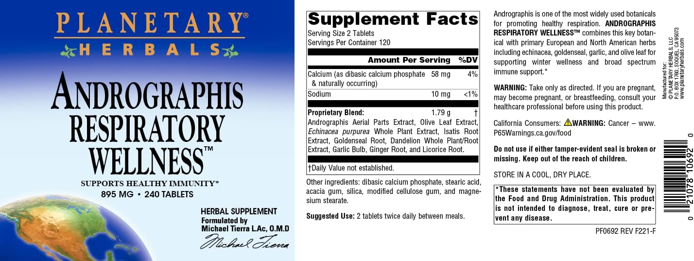Planetary Herbals Andrographis Respiratory Wellness 895 mg – Supports Healthy Immunity, 240 Tablets