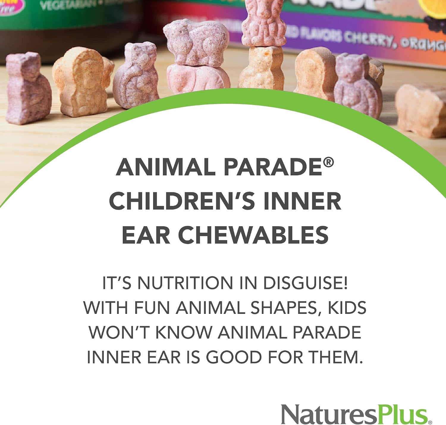 NaturesPlus Animal Parade Inner Ear Support Children’s Chewable - Natural Cherry Flavour - 90 Animal-Shaped Tablets - Probiotic Supplement - Gluten Free - 45 Servings