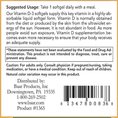 Baar Vitamin D-3 Softgels