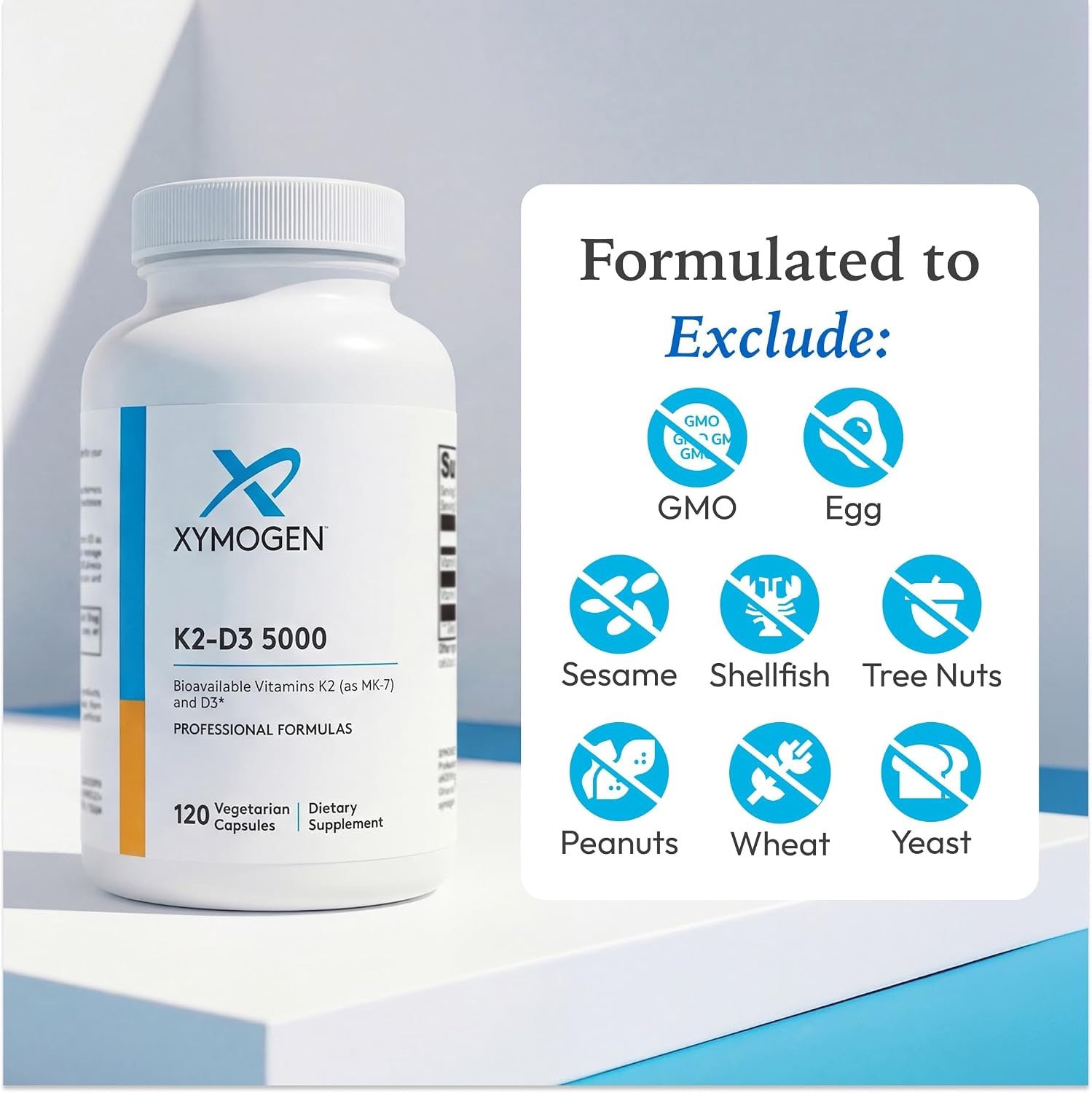 XYMOGEN K2-D3 5000 - Vitamin D3 and K2 Supplement for Immune, Bone and Cardiovascular Support - 120 Capsules