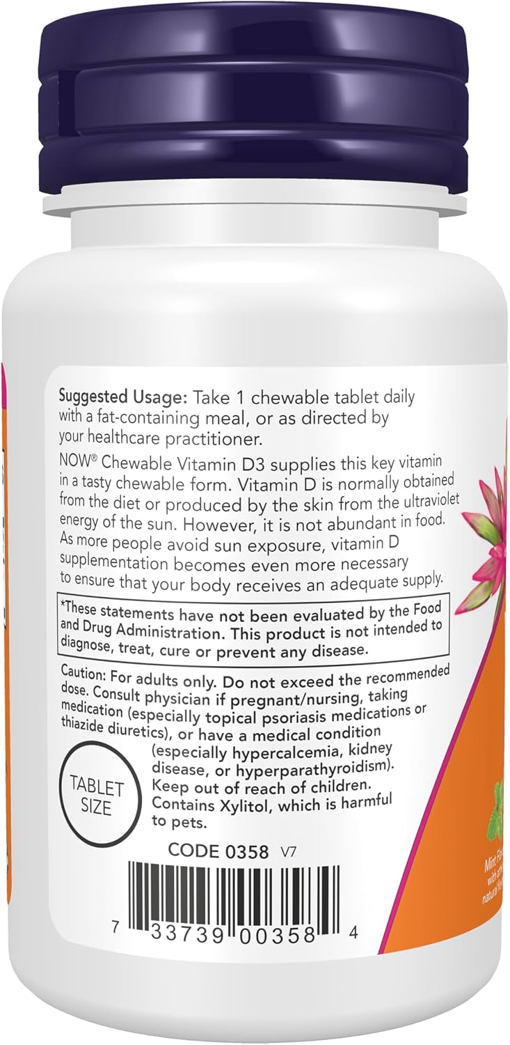 NOW Foods Vitamin D-3 5,000 IU Chewable Tablets with Natural Mint Flavour, 120 Count