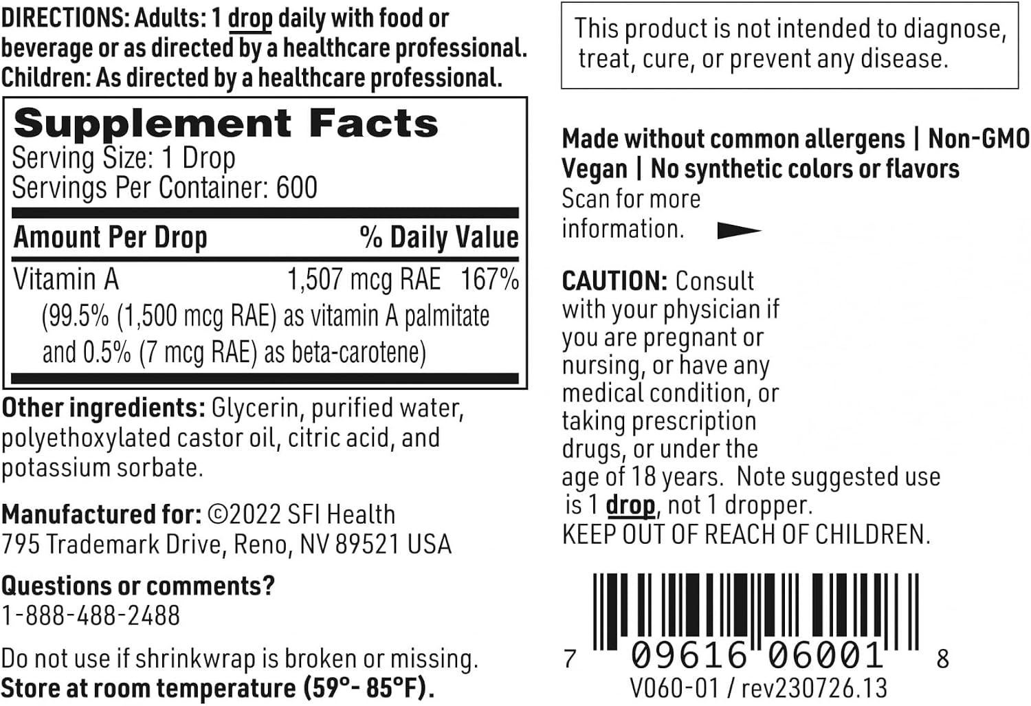 SFI Health Micellized Vitamin A Drops – Liquid Vitamin A Supplement with Beta Carotene and Vitamin A Palmitate – 30 mL (600 Servings)