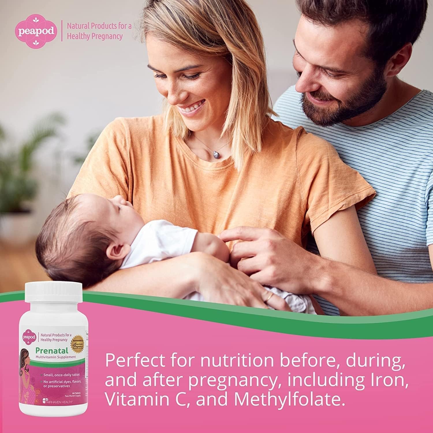 Fairhaven Health Peapod Prenatal Multivitamin - Once Daily, Vanilla Flavour - with Methylfolate, Iron & Vitamin C - 60 Tablets (2-Month Supply)