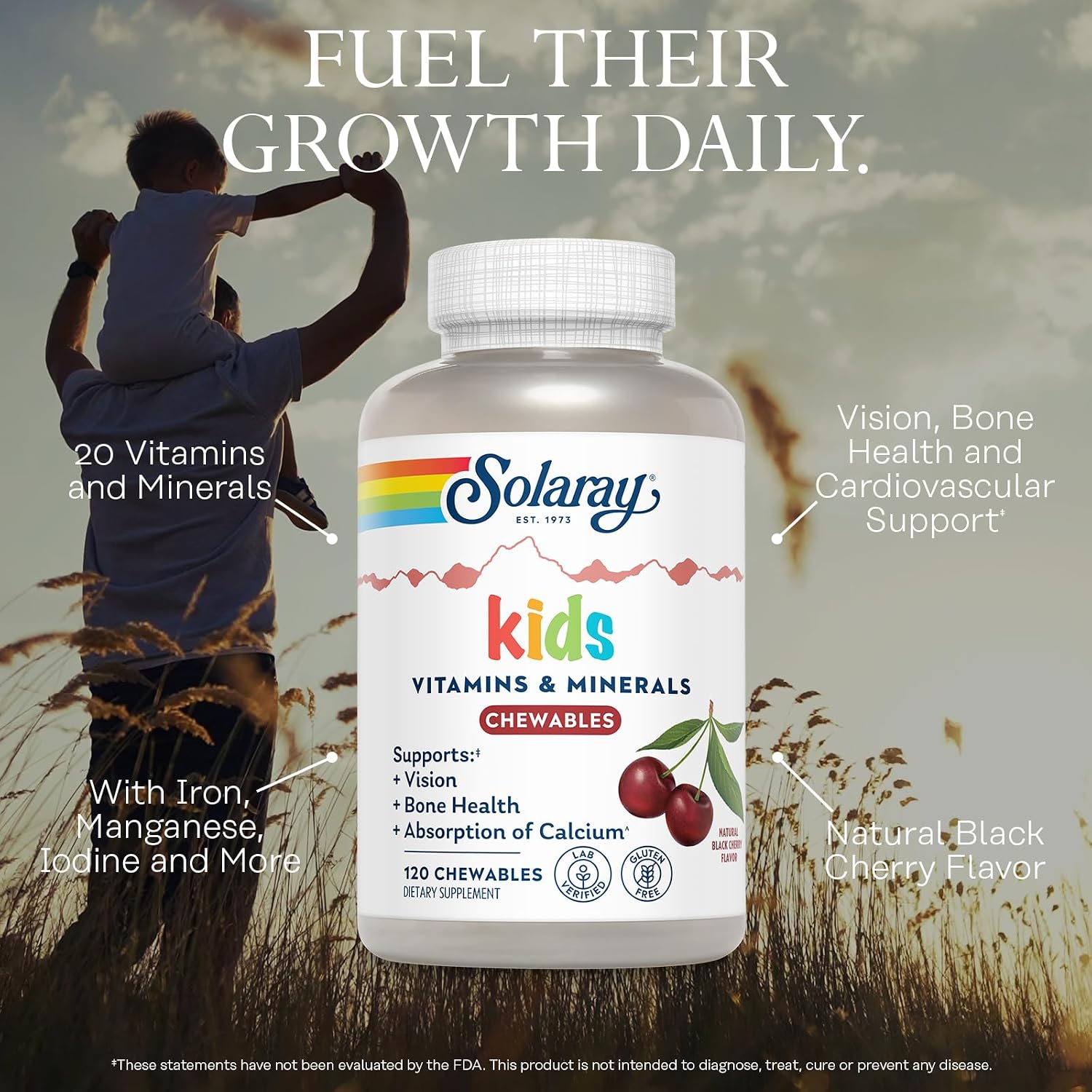 SOLARAY Kid's Vitamins & Minerals – Multivitamin for Kids with Vitamin C, D, B2, Iron – Gluten Free, 120 Black Cherry Chewables