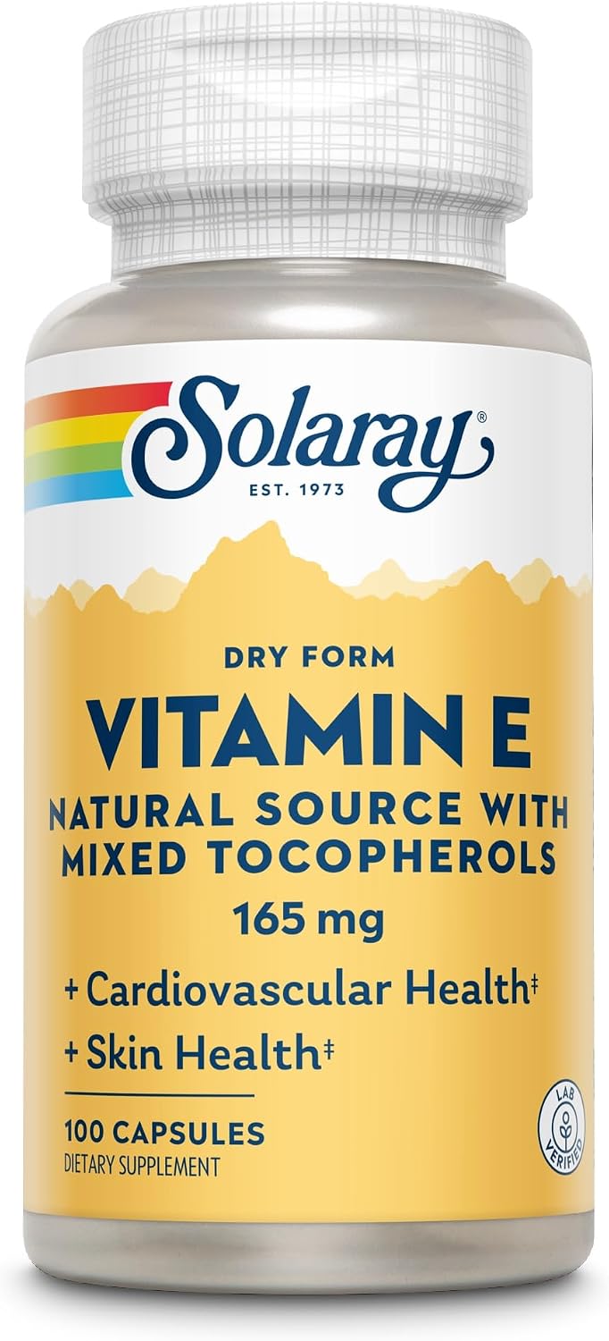 SOLARAY Vitamin E Dry 200 IU with Mixed Tocopherols - Helps Maintain Heart Health & Skin Health - 100 Capsules