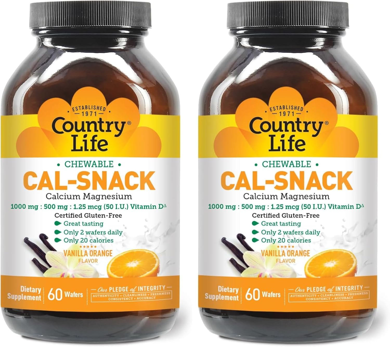 Country Life Cal-Snack Chewable Calcium, Magnesium & Vitamin D – 1000 mg / 500 mg / 50 IU – 60 Wafers