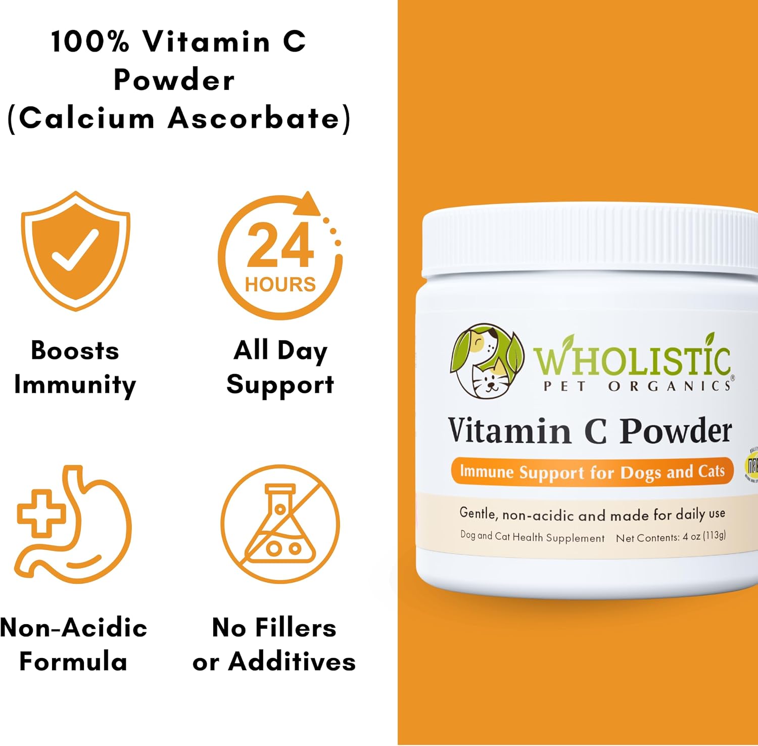 Wholistic Pet Organics Vitamin C Powder for Dogs & Cats - Allergy & Itch Relief - Immune Support - 113 g (4 oz)