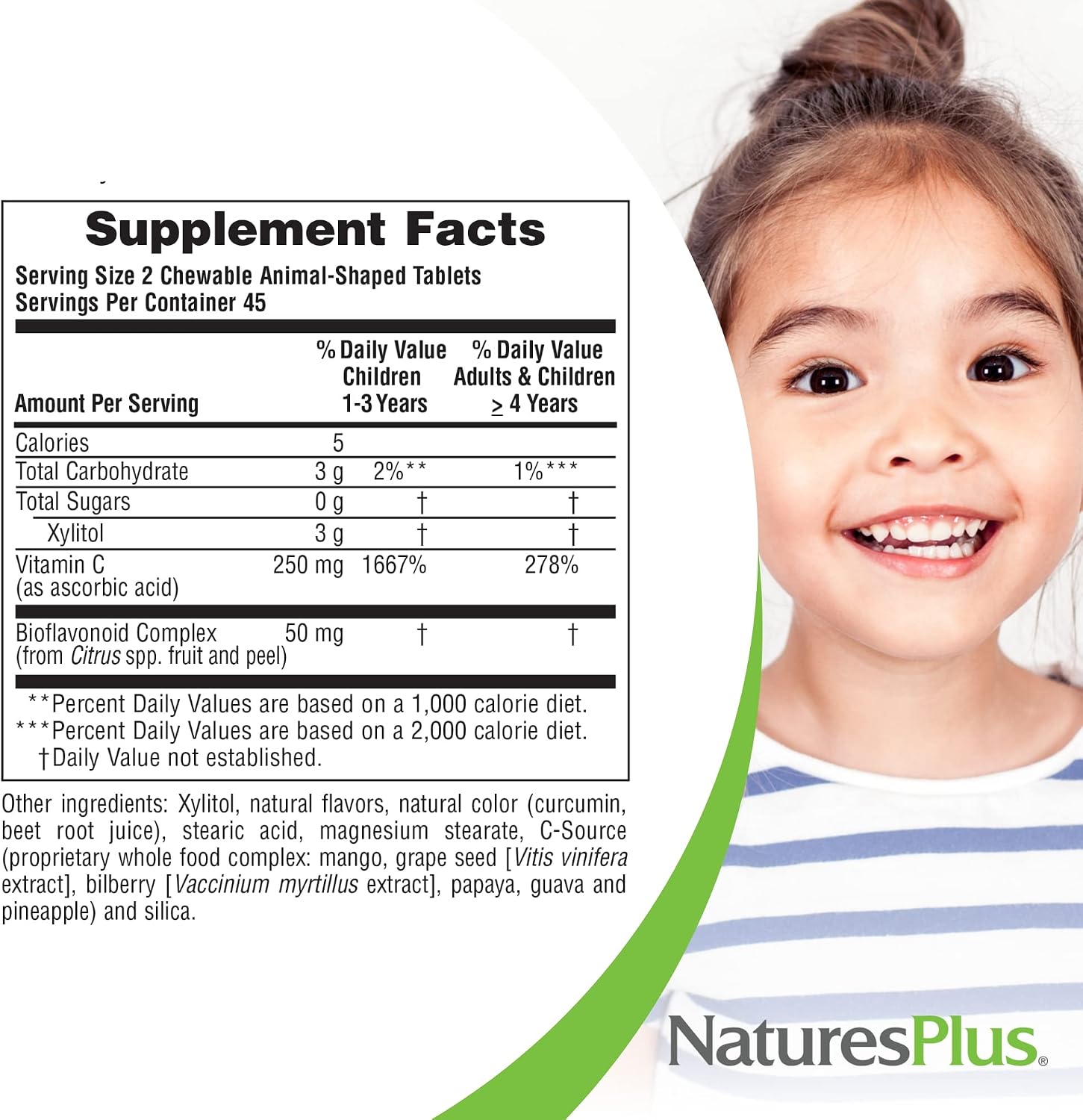 NaturesPlus Animal Parade Sugar-Free Children's Vitamin C, Natural Orange Juice Flavour - 90 Chewable Tablets