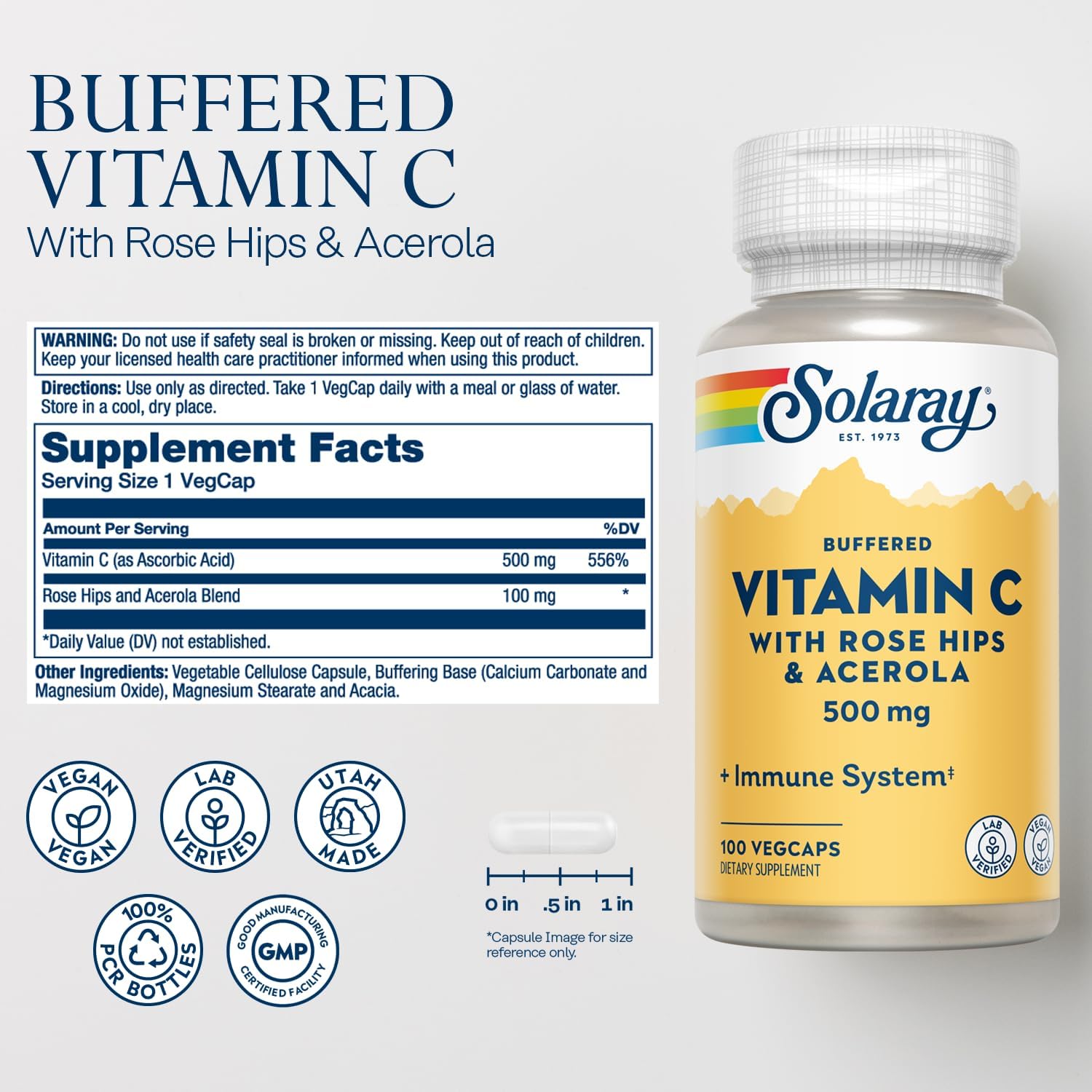 SOLARAY Buffered Vitamin C 500 mg plus Rose Hips and Acerola - Immune Support Supplement - 100 VegCaps