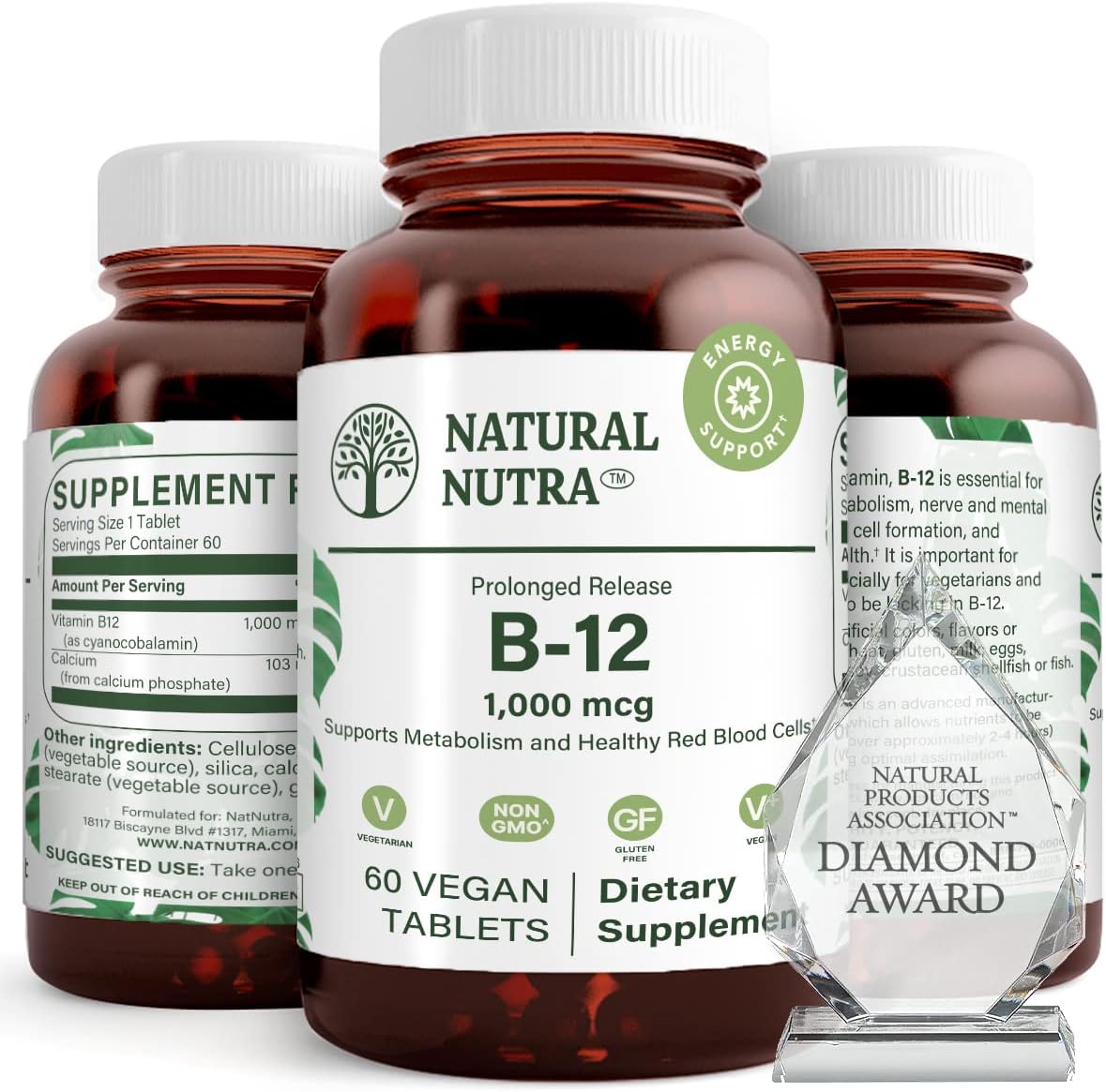 Natural Nutra Vitamin B12 1000 mcg, Cobalamin B12 Supplement, Calcium Phosphate, Supports Metabolism Health, Nervous System Support, Optimal Absorption, Gluten-Free, Sugar-Free, 60 Vegan Tablets