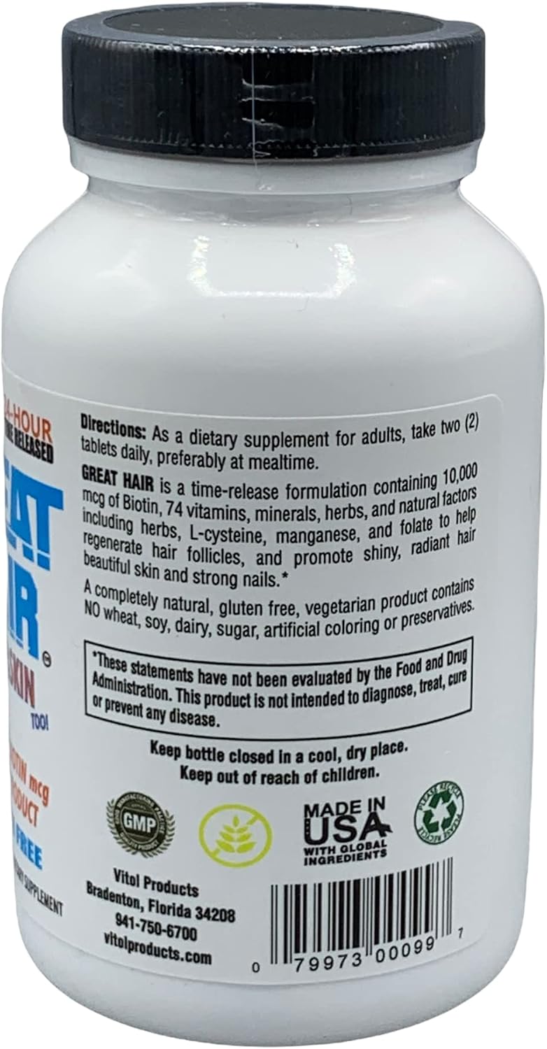Vitol Great Hair Time-Release Biotin 10,000 mcg, 120 Tablets